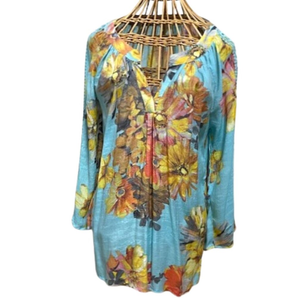 Spence boho aqua and yellow floral top.